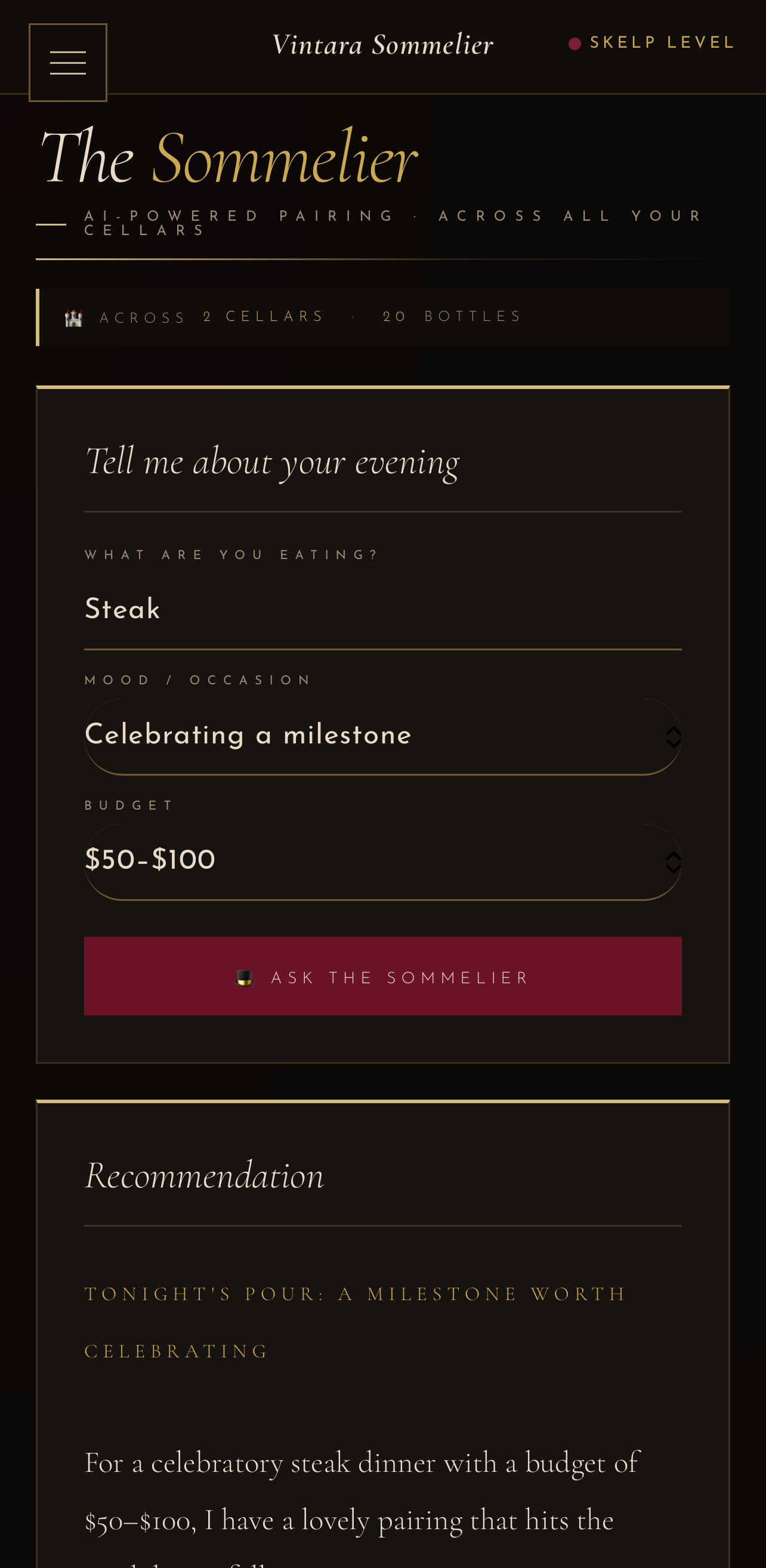 Vintara Sommelier's AI sommelier recommending a bottle from the owner's own cellar