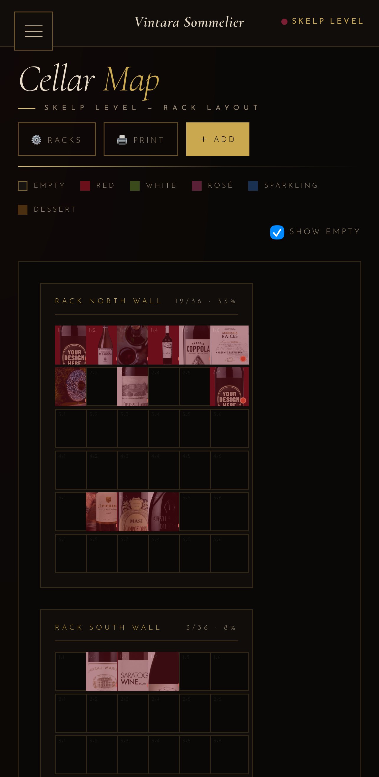 Vintara Sommelier rack-and-slot cellar map showing every bottle's location