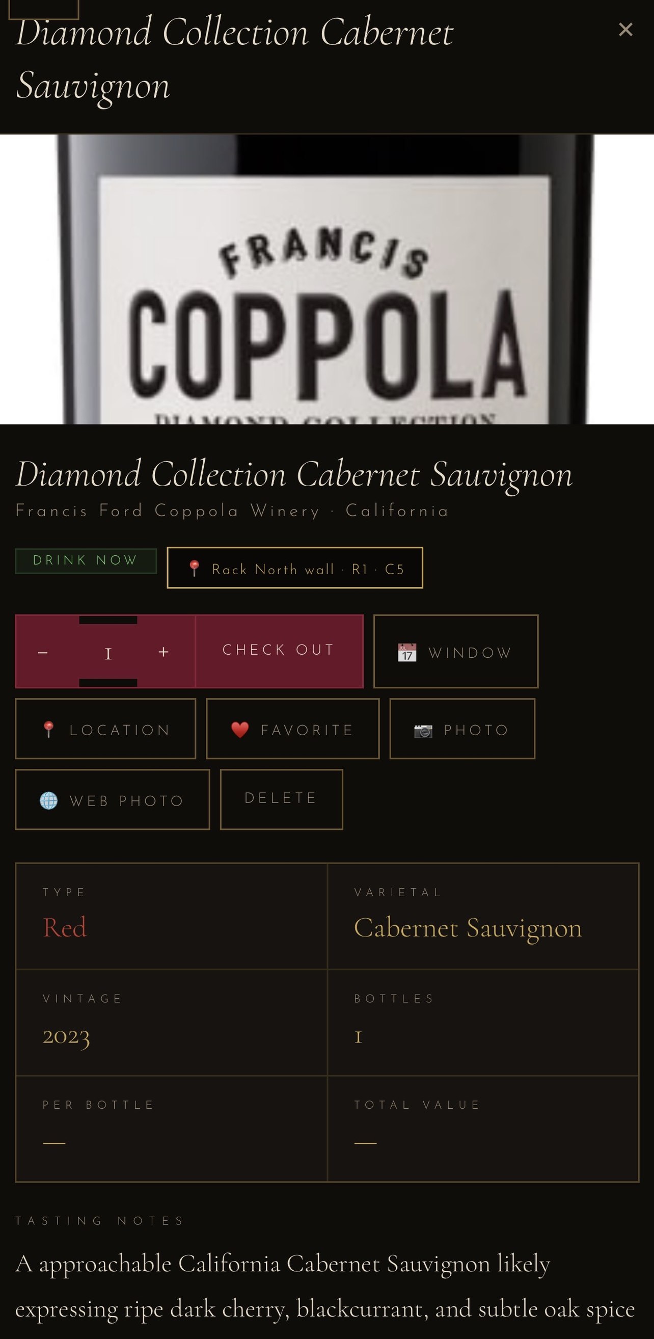 A wine detail view in Vintara Sommelier showing vintage, tasting notes, and drinking window